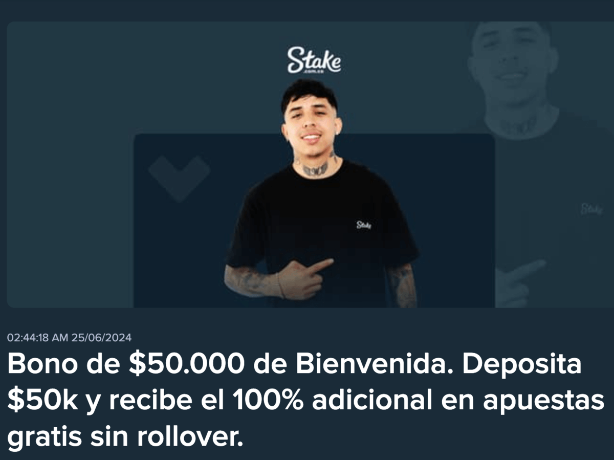 bono de bienvenida de stake colombia. 24-1-25.